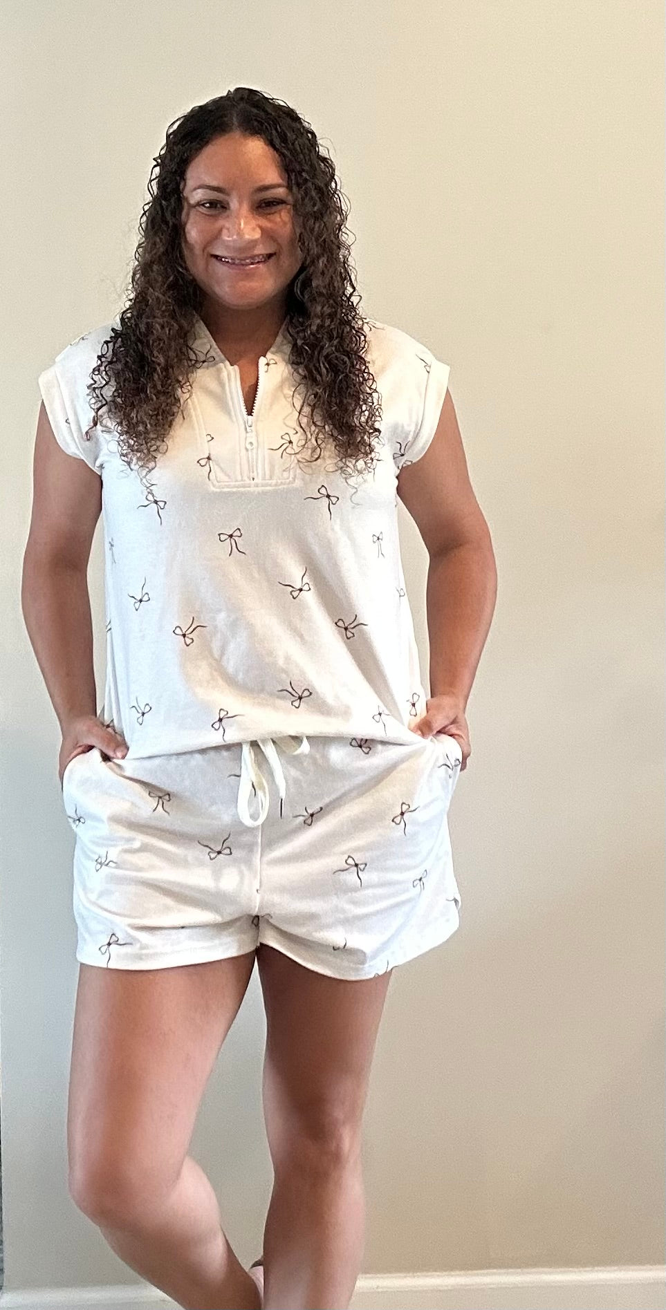 Cream Brown Bow Shorts Set