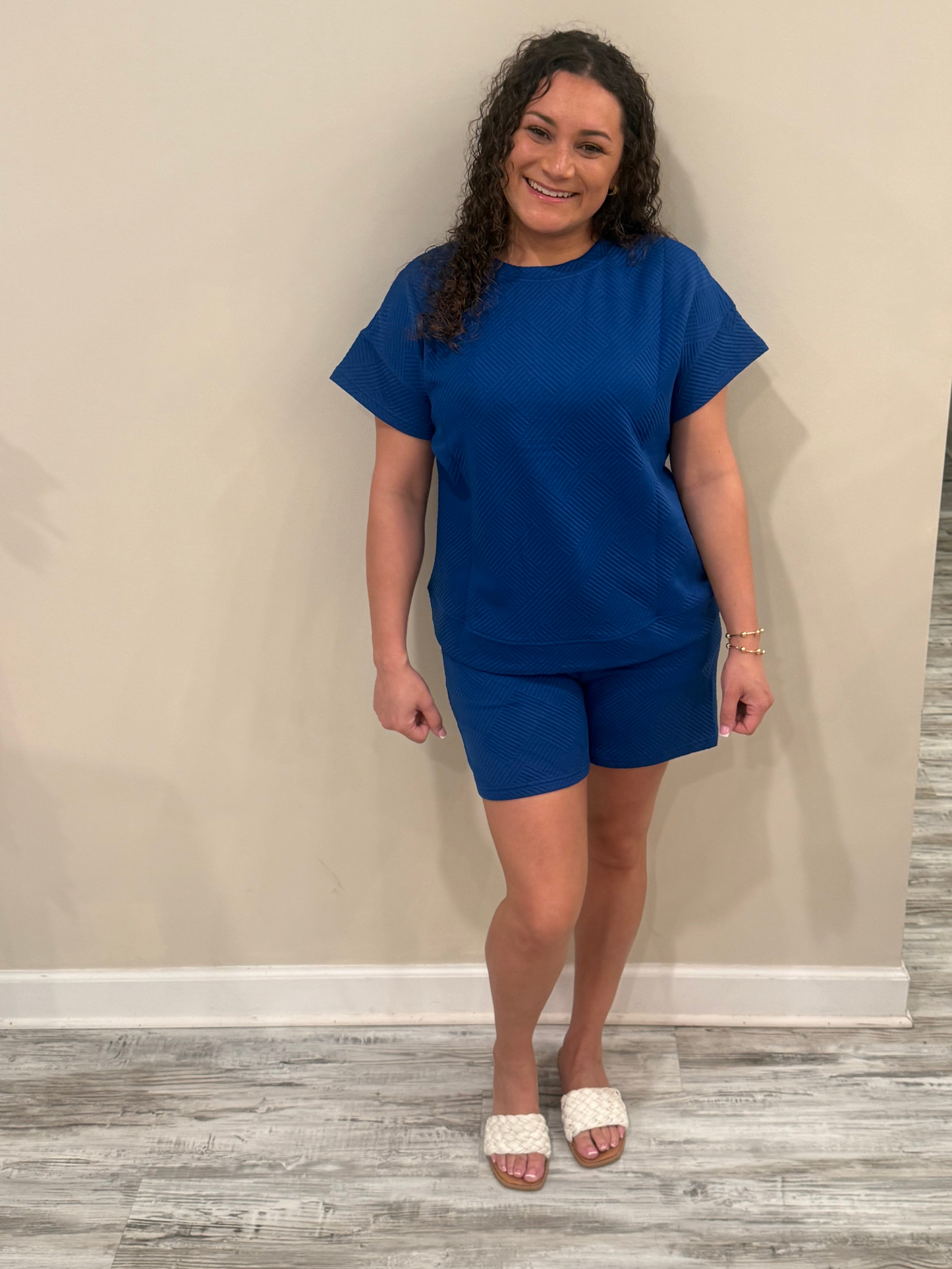 Debby Blue Ribbed Shorts Set