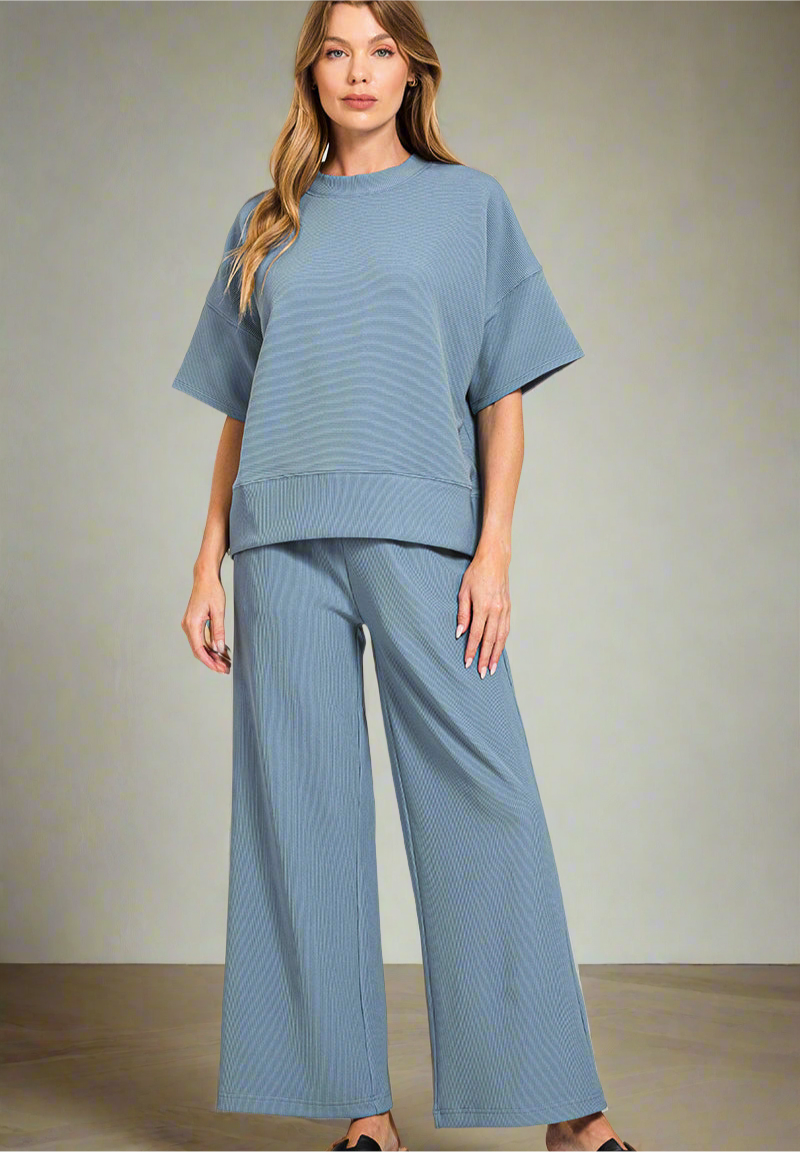 Emily Blue Ribbed Top & Pants Set