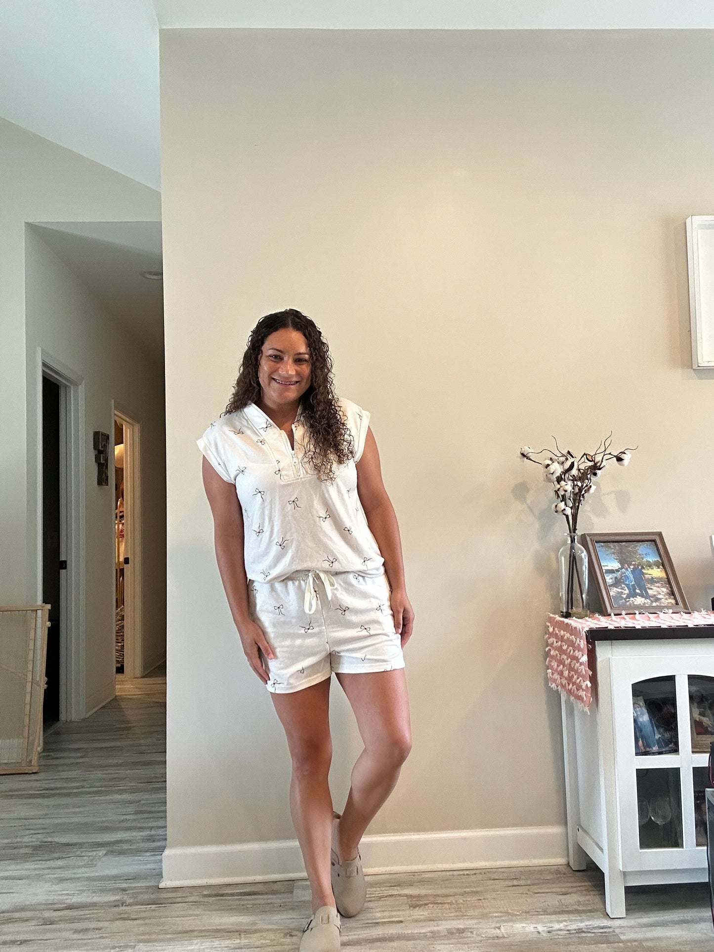 Cream Brown Bow Shorts Set