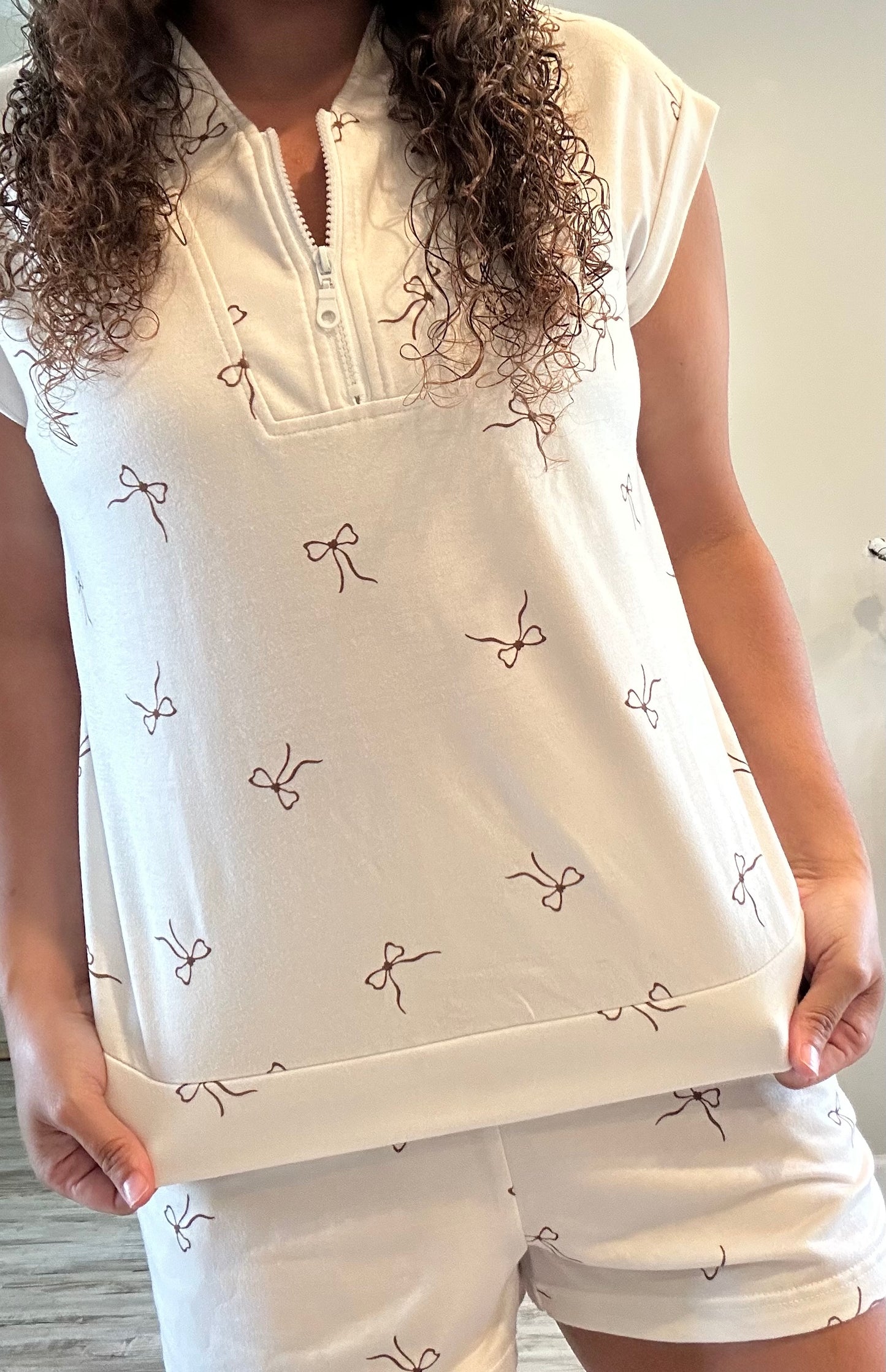 Cream Brown Bow Shorts Set