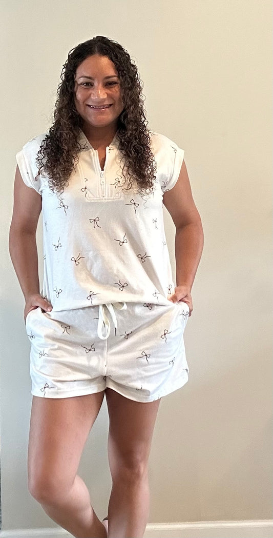 Cream Brown Bow Shorts Set