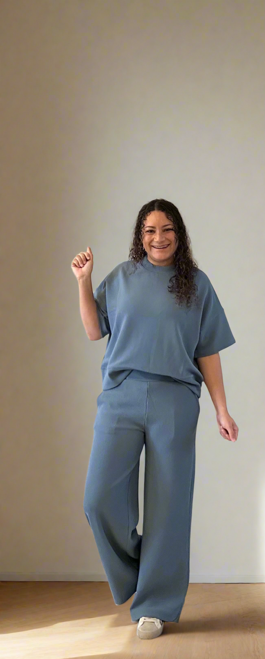 Emily Blue Ribbed Top & Pants Set