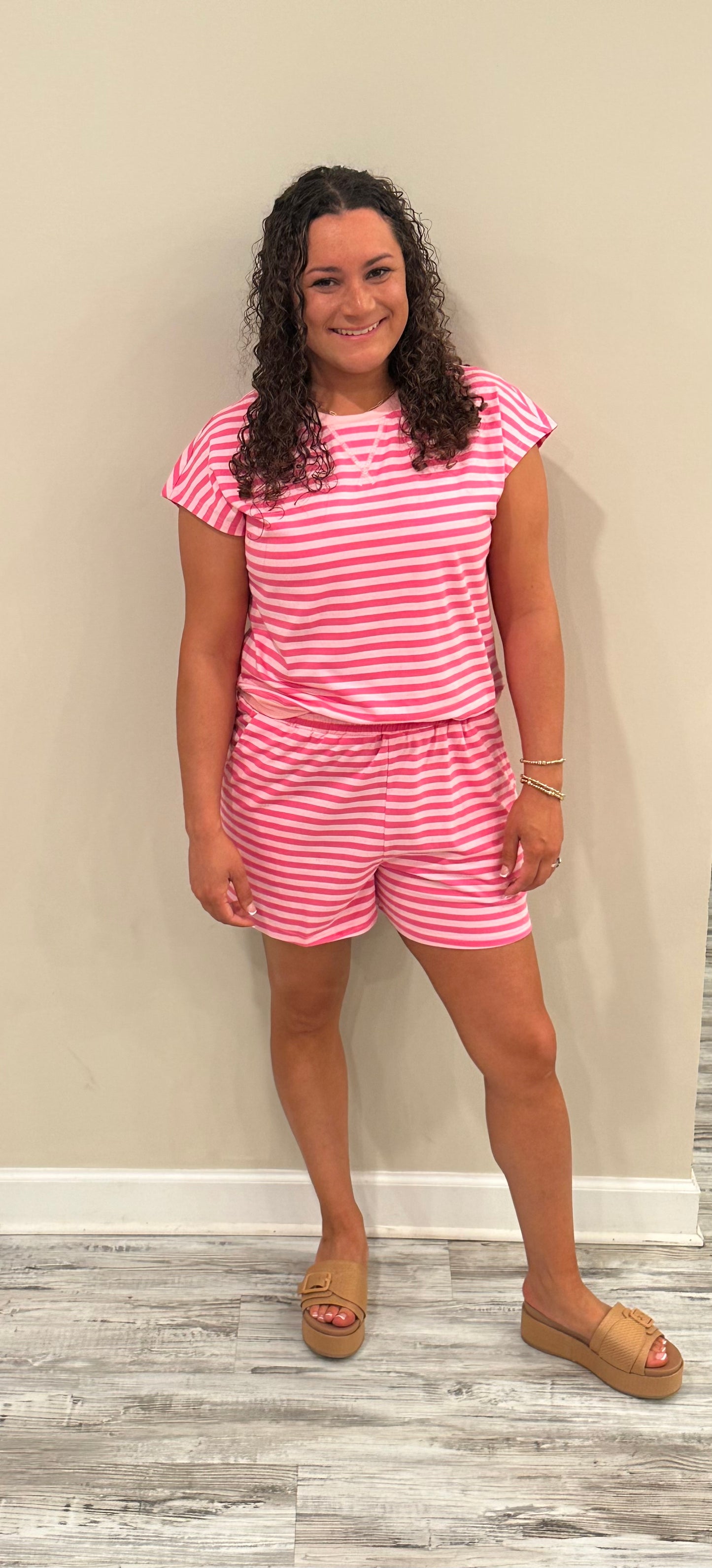 Pink Striped Shorts Set