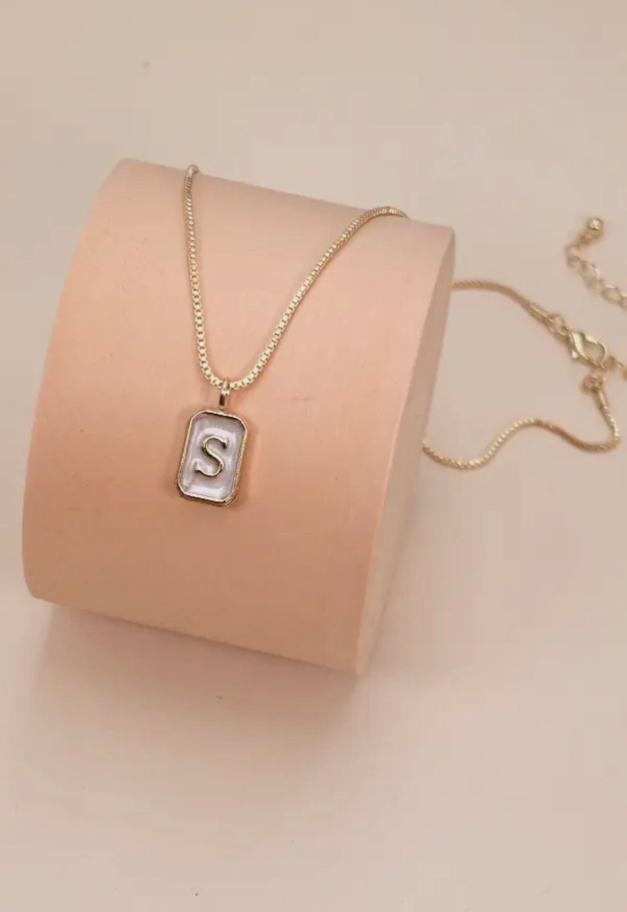 Monogram Initial Rectangle Pearly Charm Necklace