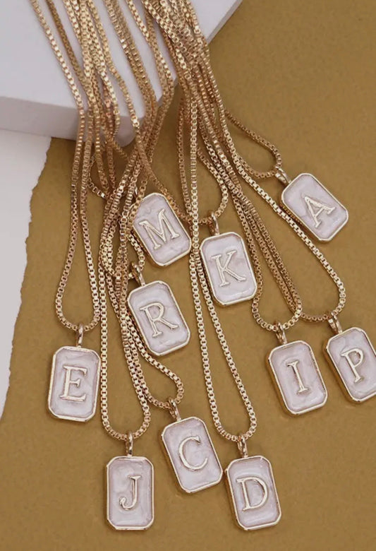 Monogram Initial Rectangle Pearly Charm Necklace