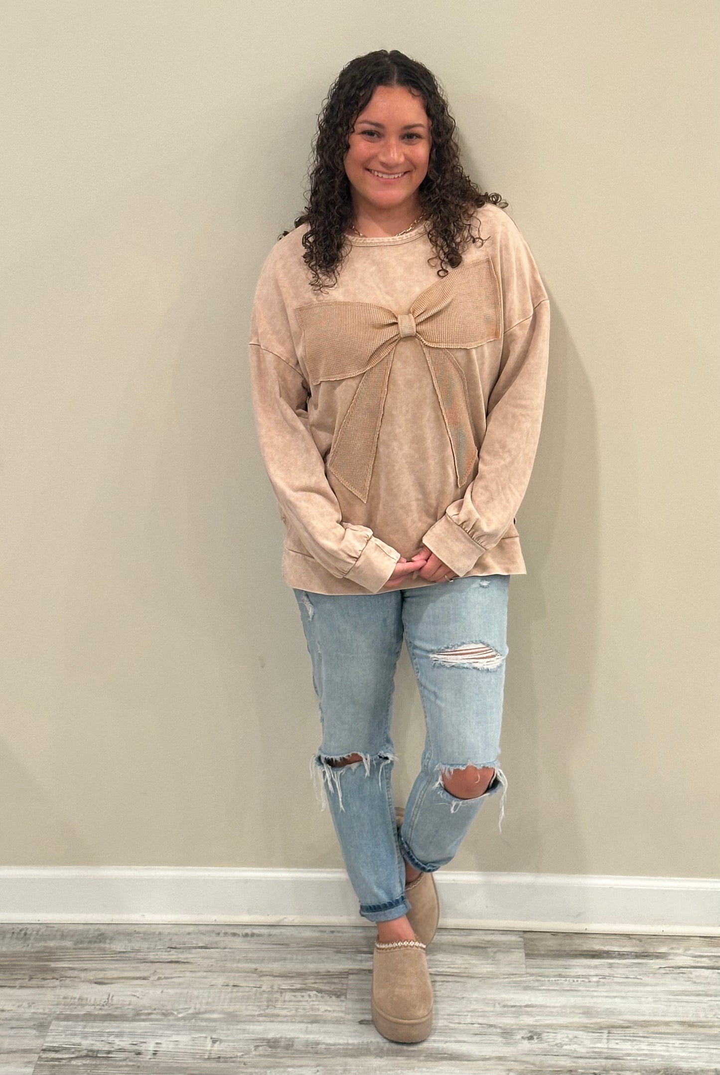 Beige Bow Sweater Top