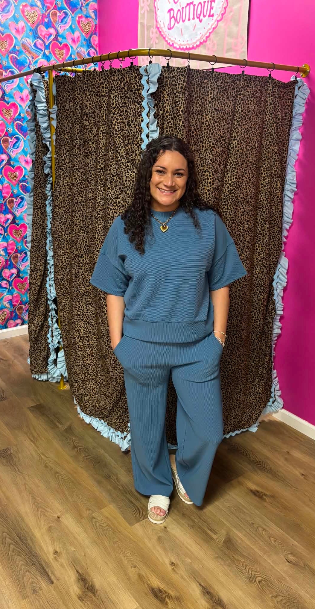Dusty Blue Ribbed Zenana Pants Set
