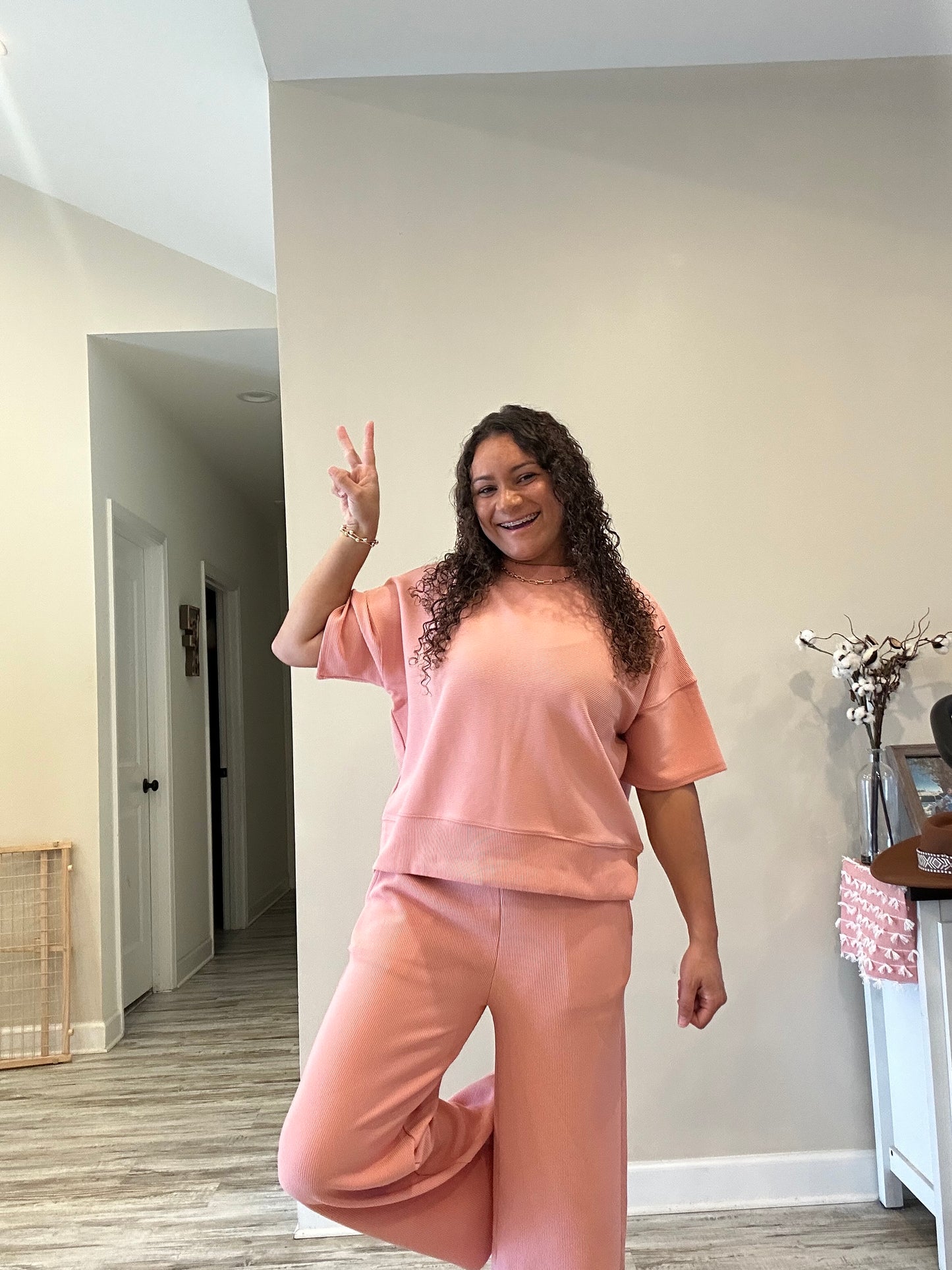 Salmon Pink 2 Piece Ribbed Set