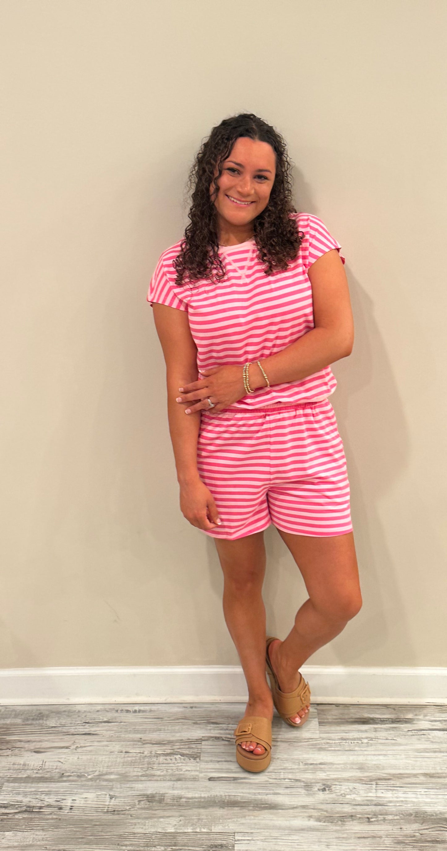 Pink Striped Shorts Set