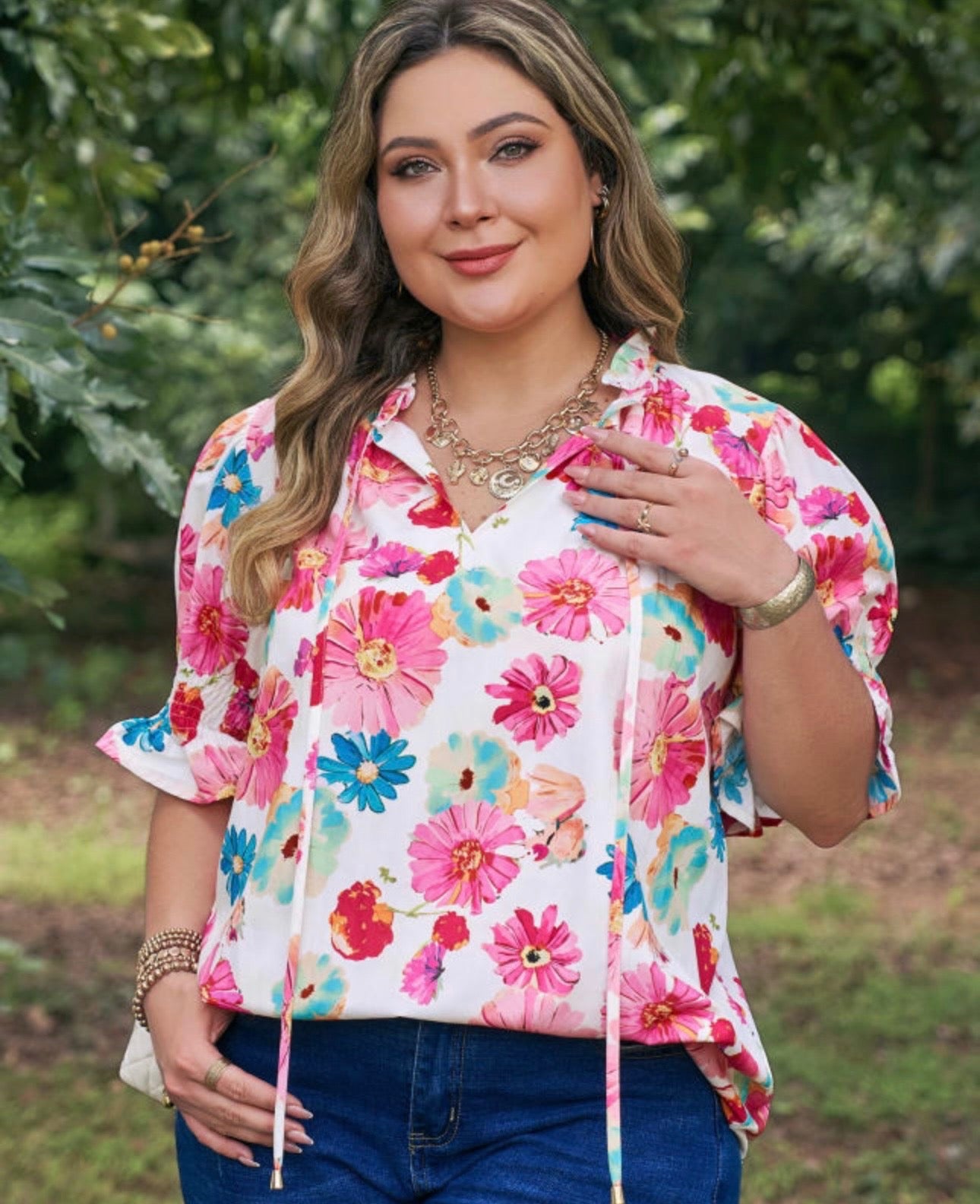 Floral tie front blouse